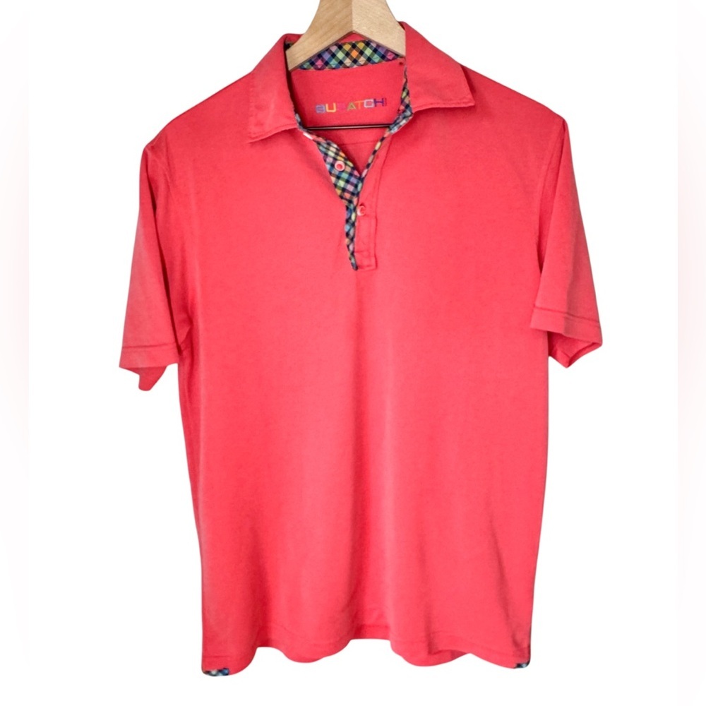 Bugatchi Men’s Soft Three Button Coral Polo Plaid Color Modal Blend Sz S